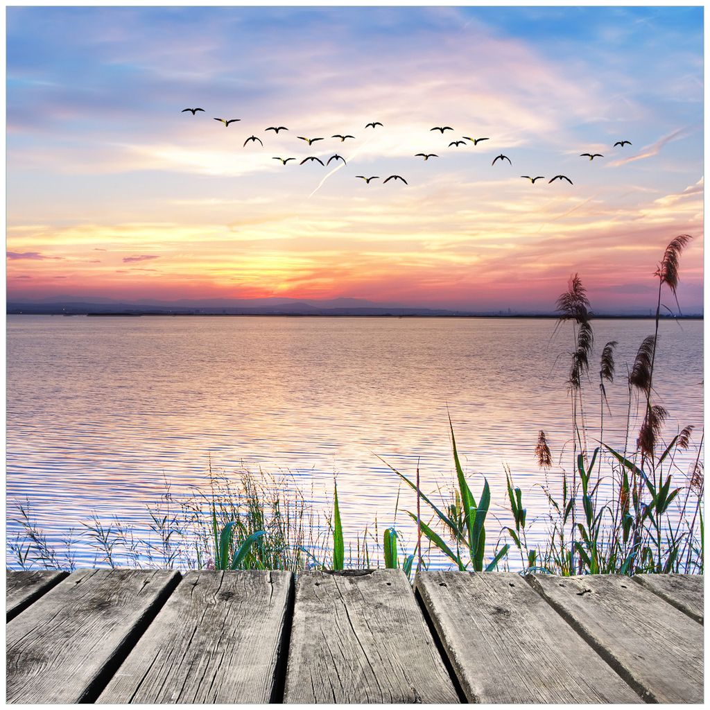 Wallario Premium Glasbild, freischwebende Optik, kräftige Farben, Größe 50 x 50 cm Motiv Seepanorama mit Schilf und fliegenden Vögeln