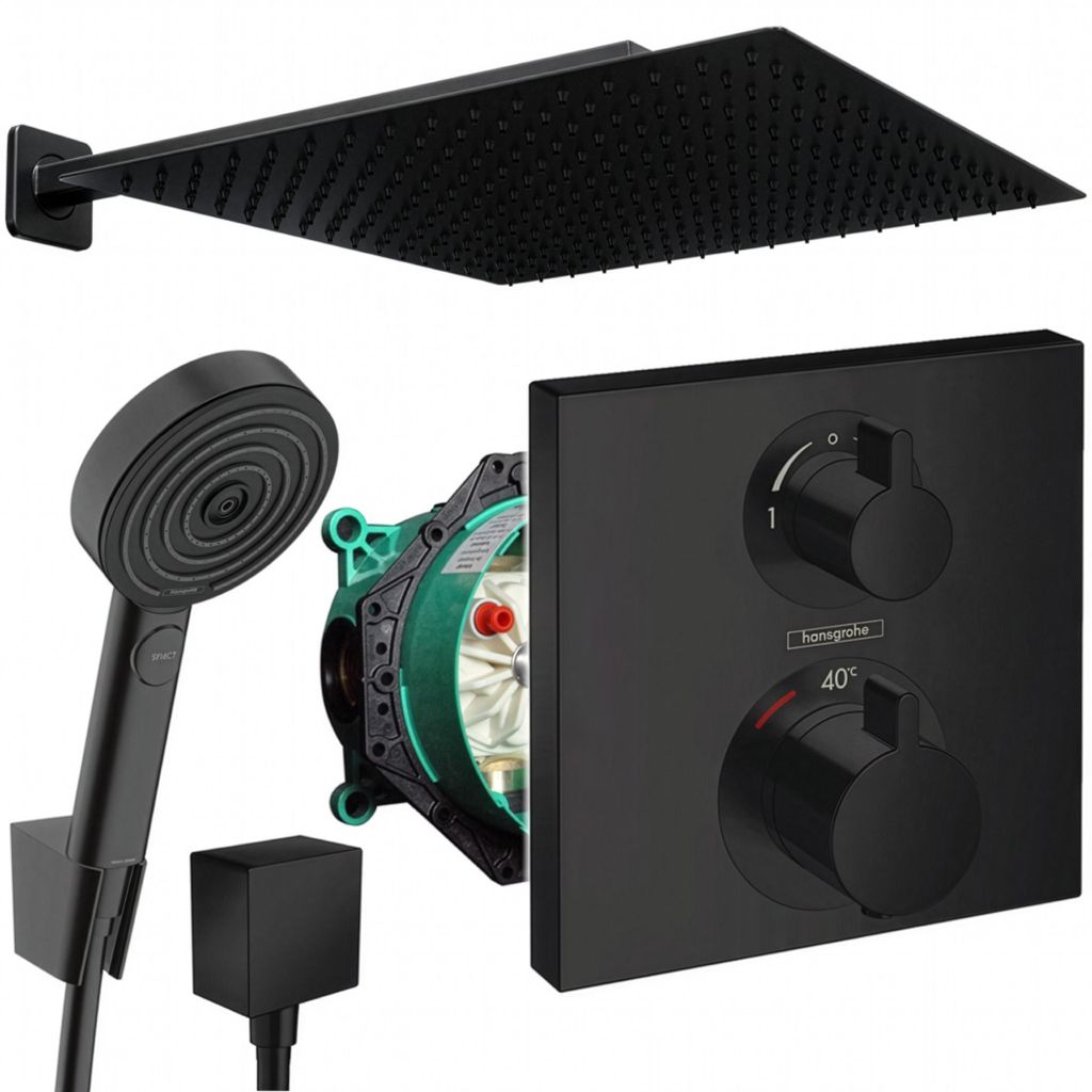 Hansgrohe und Jowi Unterputz Duschsystem Ecostat Square Thermostat, Schwarz, Duscharmatur mit 360x360 mm Kopfbrause
