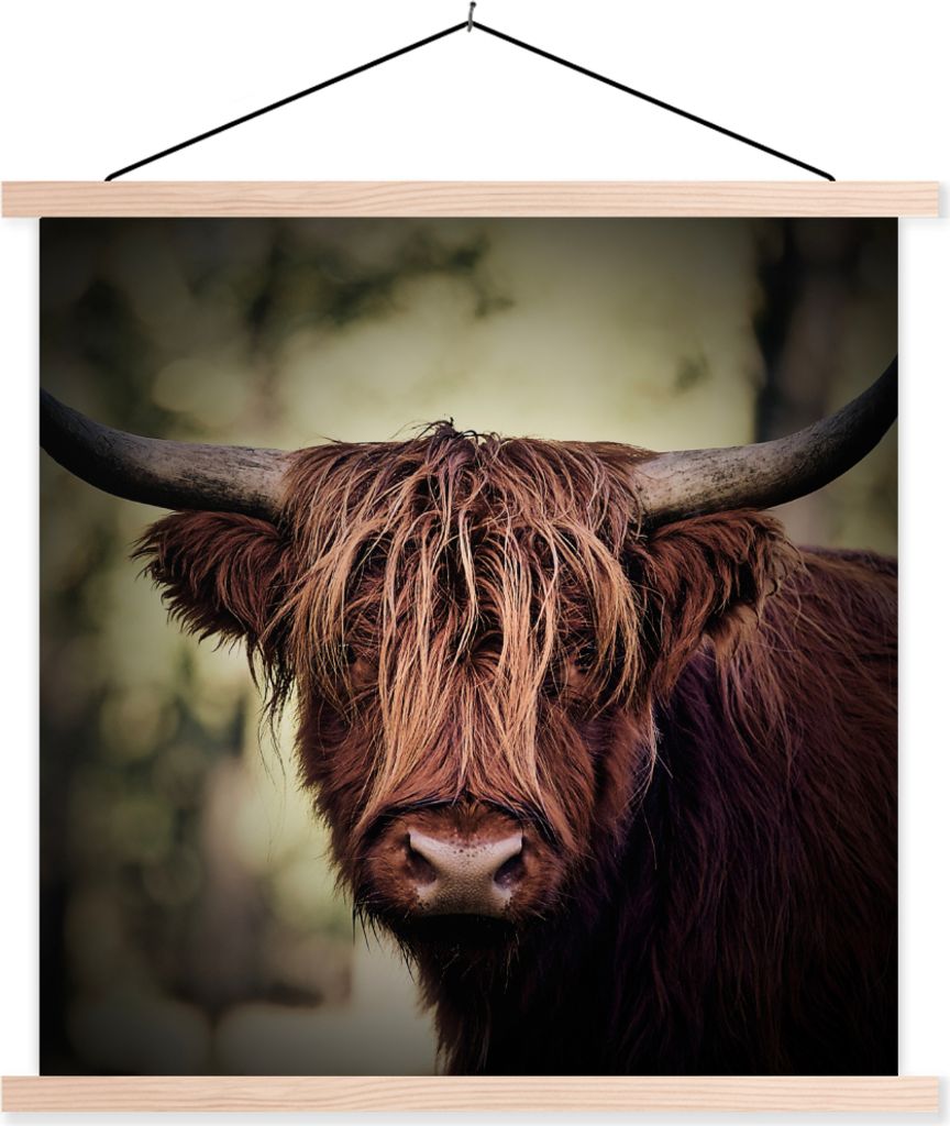 MuchoWow Textilposter Schottisches Hochlandrind - Licht - Porträt - Natur 120x120 cm mit holzfarbenen Rahmen - Textil-Poster