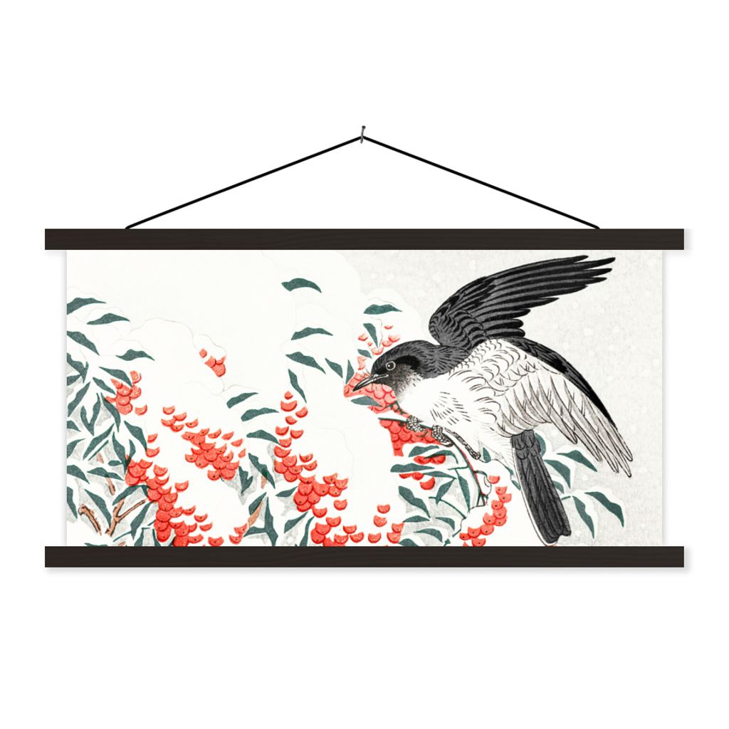MuchoWow Textilposter Schwalbe - Vogel - Beere - Japandi 60x30 cm mit schwarzem Rahmen - Textilien