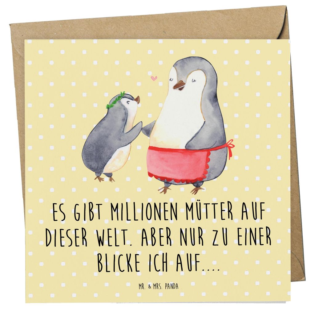 Mr. & Mrs. Panda Grußkarte Pinguin mit Kind - Gelb Pastell - Geschenk, Klappkarte, Geburststag, Muttertag, Mutter, anlasskarte, faltkarte, Glückw...