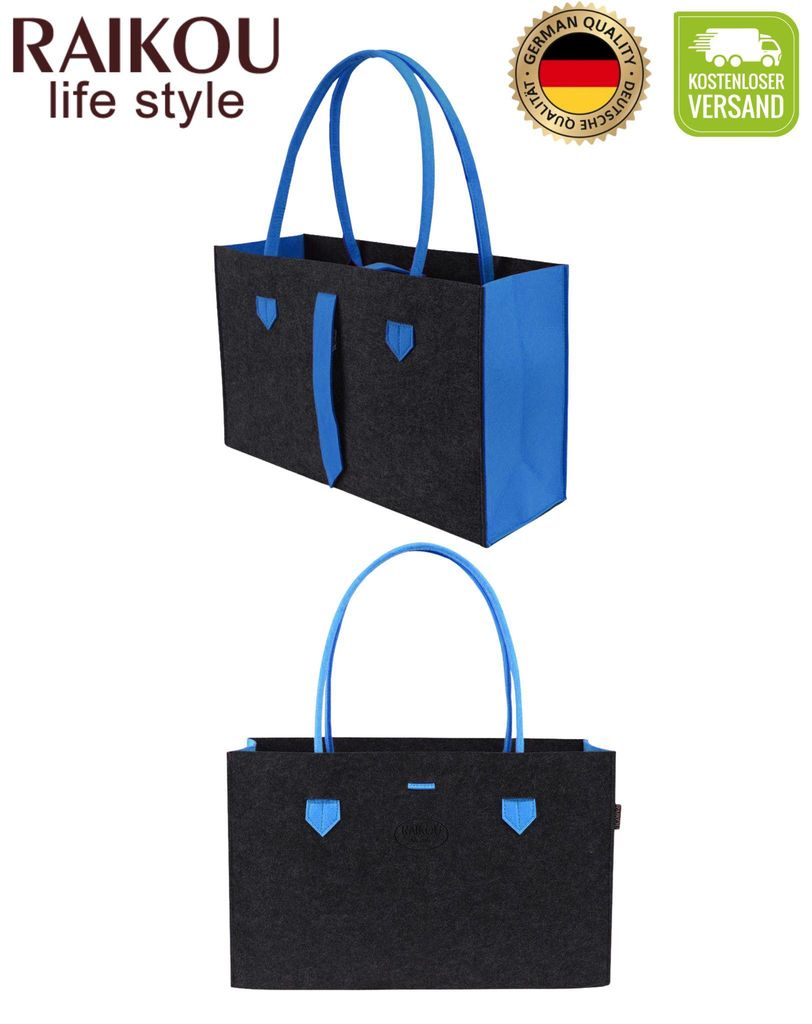 RAIKOU KULT Filz-Tasche Shopper in neuem Design Filzkorb Einkaufstasche Kaminholztasche Picknick-Korb 44*18*31cm Blau/Anthrazit