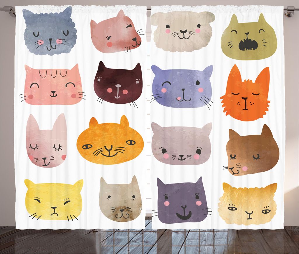 ABAKUHAUS Tier Rustikaler Gardine, Bunte Humor Spaß-Katzen, Schlafzimmer Kräuselband Vorhang mit Schlaufen und Haken, 280 x 245 cm, Mehrfarbig