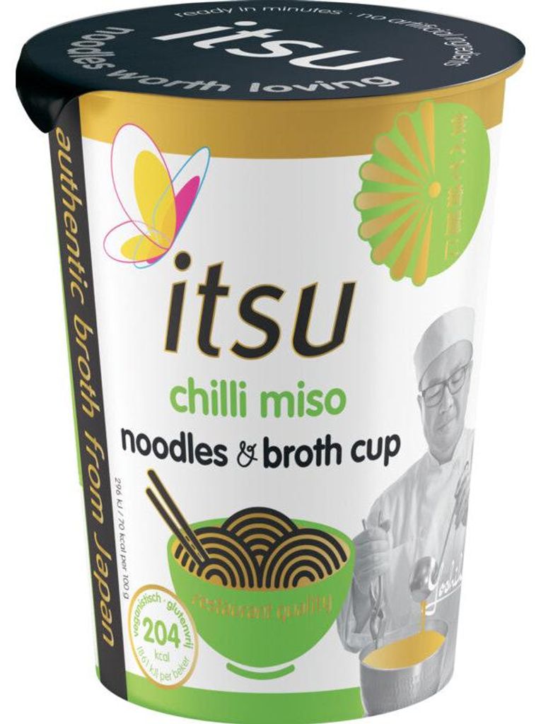 Itsu Chili Miso Noodles & Broth Cup 65g – Spicy Asian Produktbild 