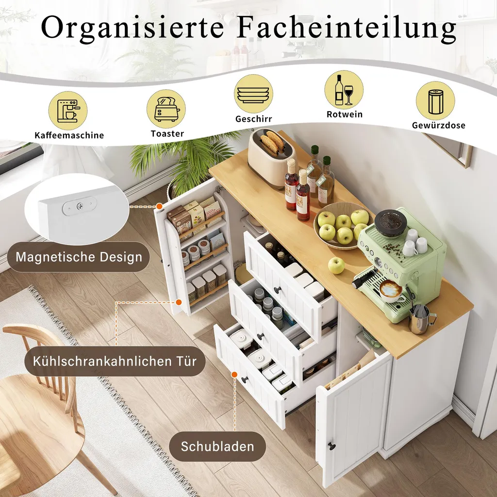Buffet moderne Merax blanc avec 3 tiroirs et portes style frigo - 6