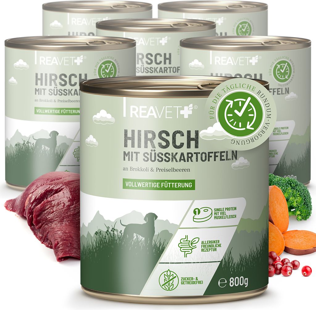 REAVET Premium Hunde Nassfutter - Hirsch an Süßkartoffeln & Preiselbeeren 6 x 800g I mit hohem Fleischanteil & viel Muskelfleisch, Getreidefrei, ...