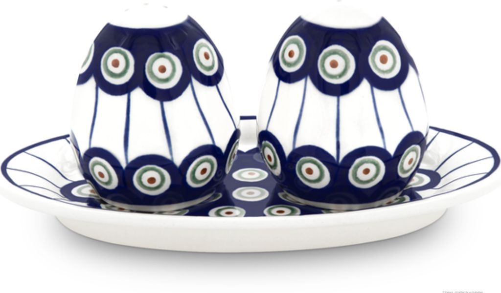 Original Bunzlauer Keramik Salzstreuer und Pfefferstreuer Set 3-teilig mit Unterschale im Design 8
