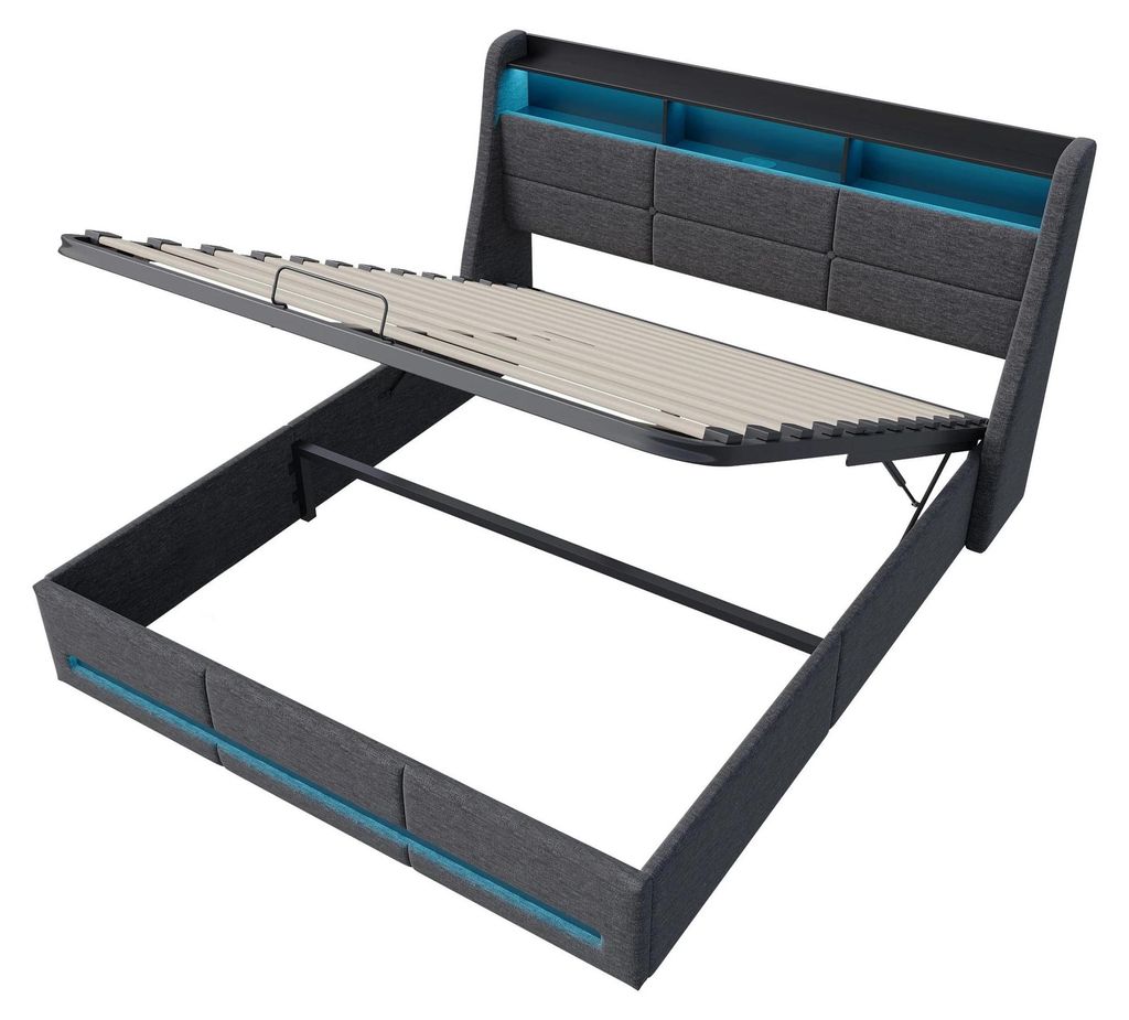 Hydraulisches Stauraumbett - Doppelbett 140x200 cm - LED-Beleuchtung im Kopfteil - USB-Ladestation - Hochklappbarer Bettkasten - Gepolstertes Holzg...