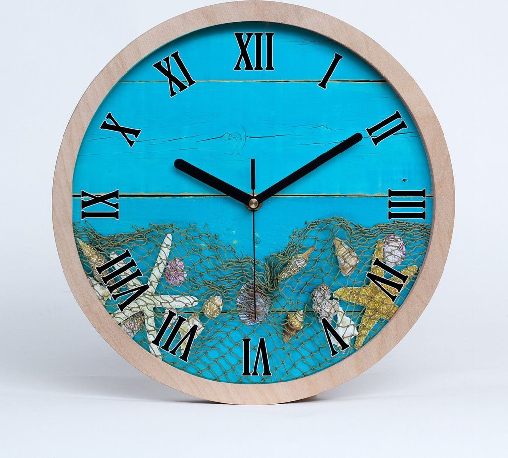 Holzuhr 20fi cm wanduhr - schwarze Spitzen - Seesterne und Muscheln