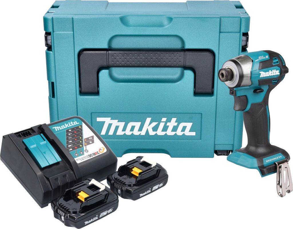 Makita DTD 173 RAJ Akku Schlagschrauber 18 V 180 Nm 1/4“ Brushless + 2x Akku 2,0 Ah + Ladegerät + Makpac