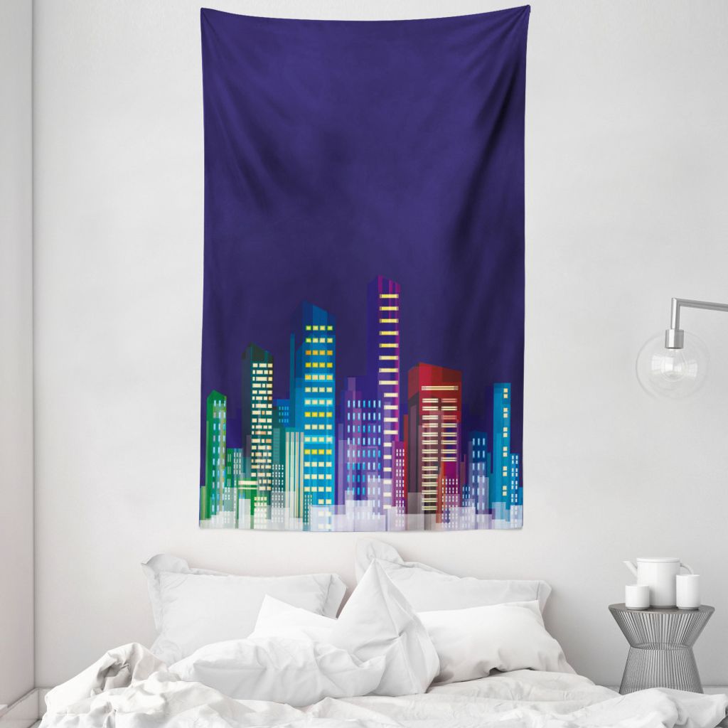 ABAKUHAUS Kindergarten Wandteppich und Tagesdecke, Stadt bei Nacht Cartoons aus Weiches Mikrofaser Stoff Waschbar ohne Verblassen Digitaldruck, 140...