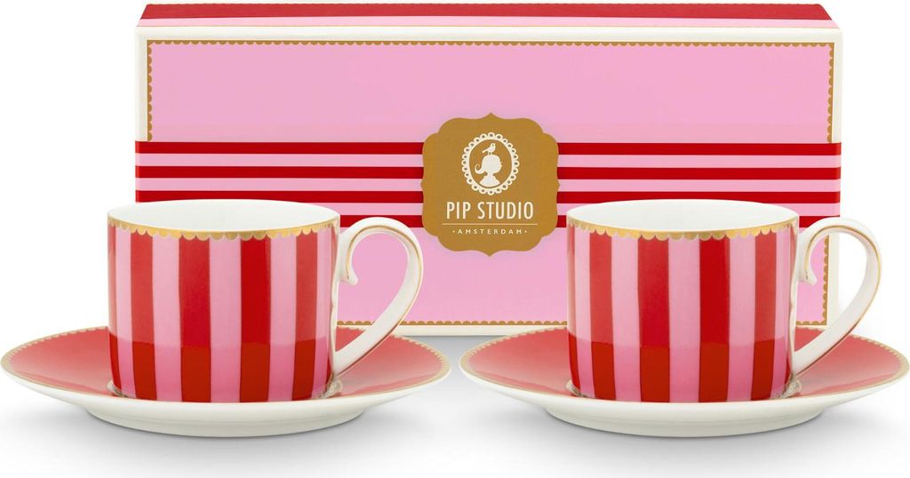 PIP STUDIO Love Birds Stripes Red-Pink Espressotasse mit Untertasse 0,125l Set2