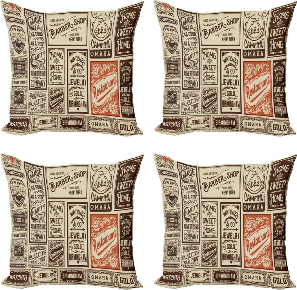 ABAKUHAUS Antiquität Kissenbezug Set (4 Stück), Pack Alte Werbung, Moderner Doppelseitiger Digitaldruck, 45 cm x 45 cm, Creme Braun Orange