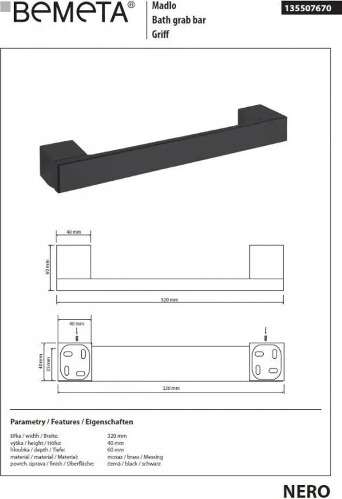 Barre d'appui de douche NERO en laiton noir mat 32 cm haute sécurité