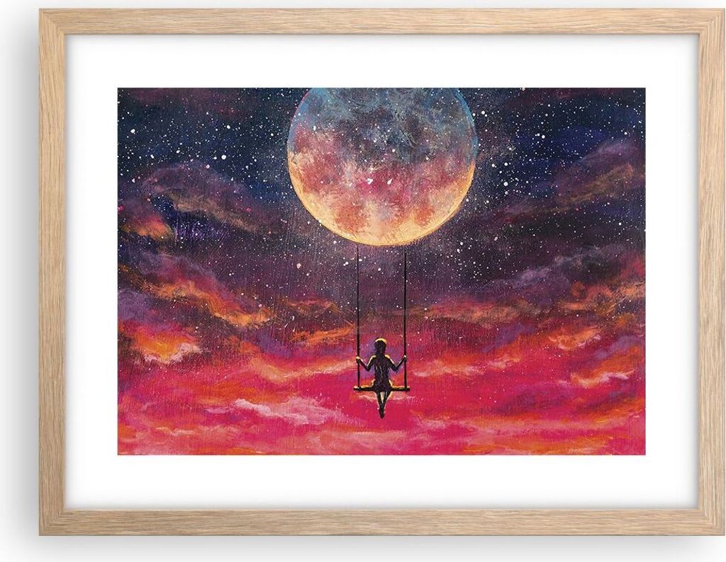 Gerahmtes Poster - Rahmen in heller Eiche - Mond Schaukel Frau - 40x30 cm - Wand Bild - Wanddeko - Wandbilder - Kunstposter - Wandposter - Bilderra...