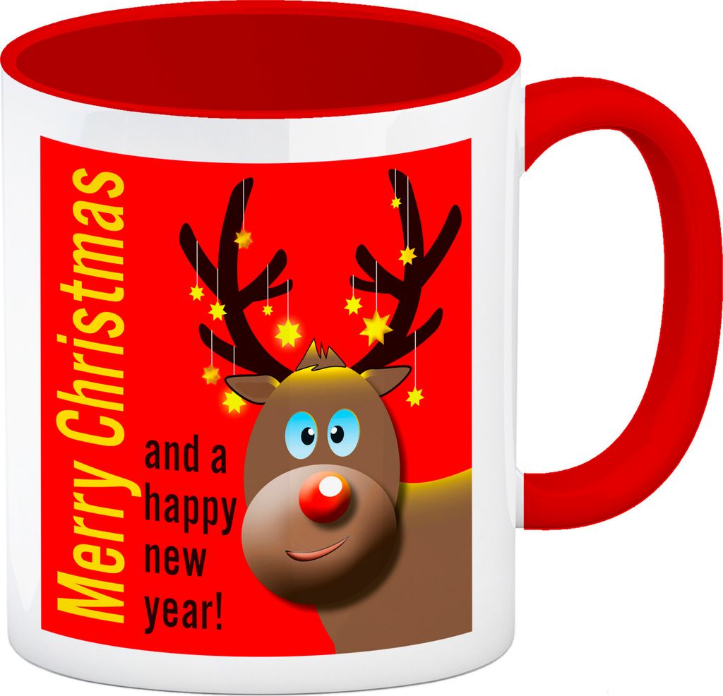 Rentier Motiv und Spruch Kaffeebecher Rot in Rot zum Thema Weihnachten