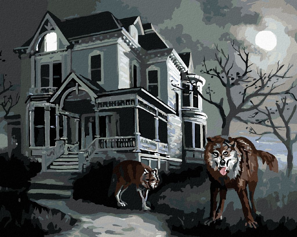 Zuty - Malen nach Zahlen - WOLF UND SPUKHAUS BEI VOLLMOND (D. RUSTY RUST), 40x50 cm, mit Keilrahmen (bereits gespannt)