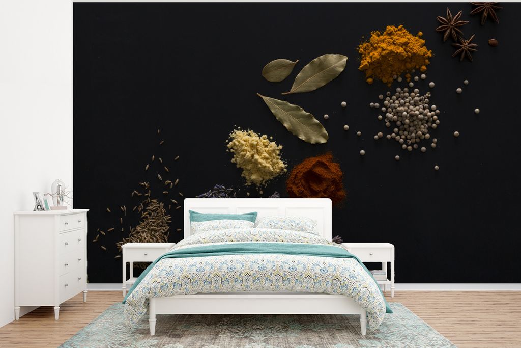 MuchoWow Fototapete für Wohnzimmer oder Schlafzimmer Wandtapete Vinyl Motivtapete Kräuter - Schwarz - Gewürze - Küche - Kochen - 375x280 cm -...