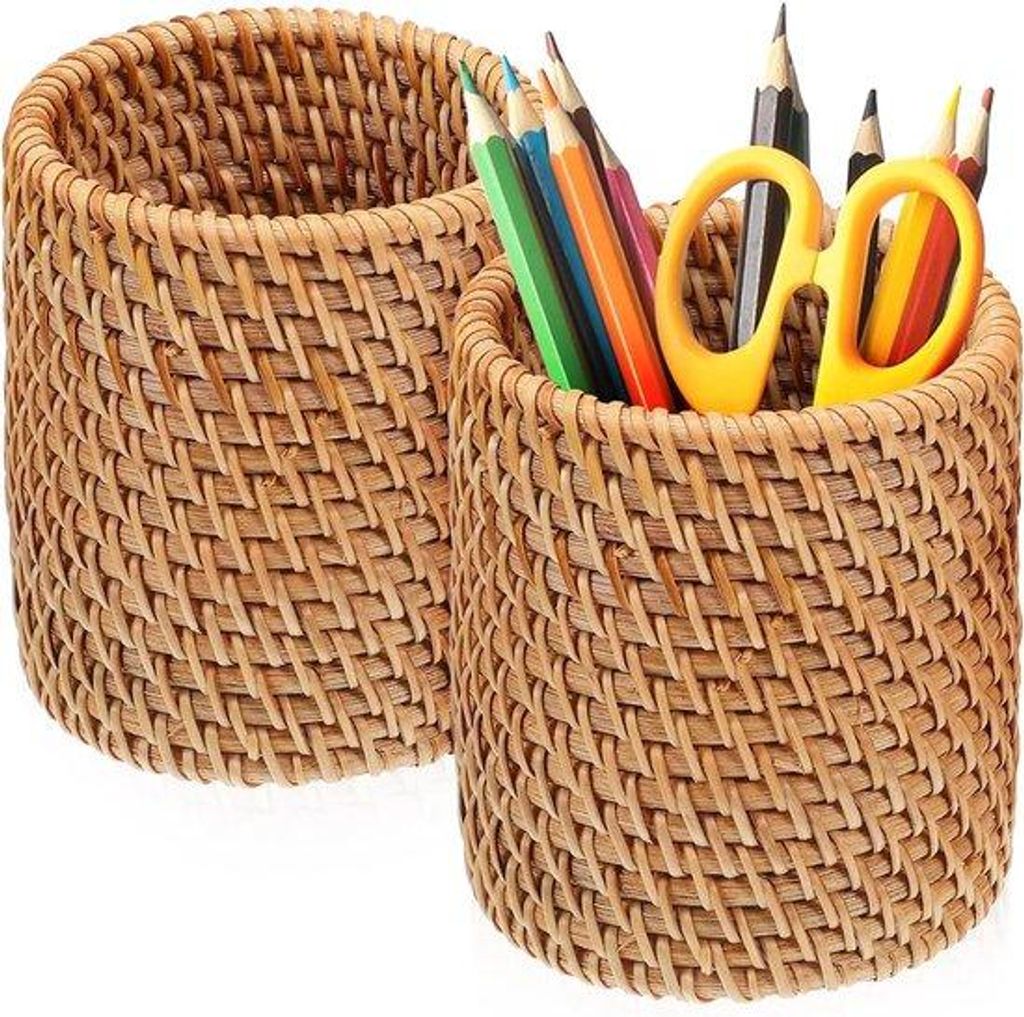 Holz- und Rattan-Penhalter - 2er-Pack - Multifunktions-Lade-Organizer - Für Stifte und Makeup-Bürsten - Büro-Accessoire
