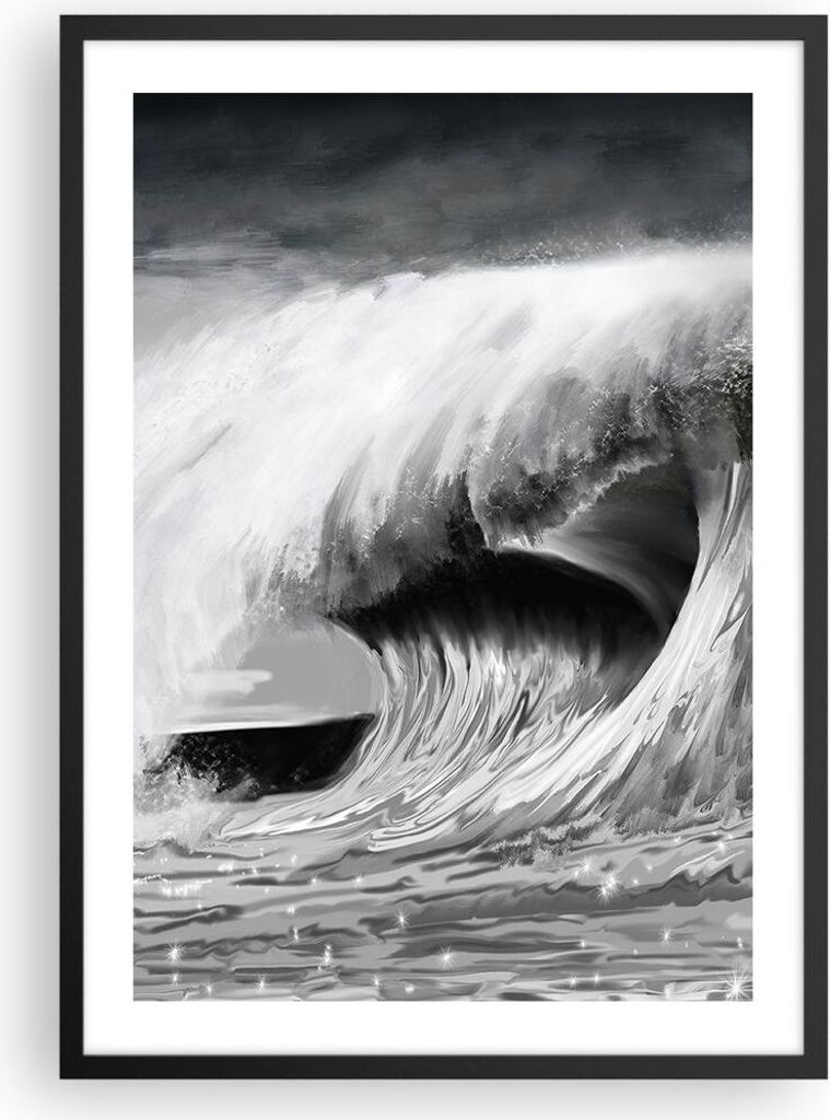 Gerahmtes Poster - Schwarzer Rahmen - Welle Zeichnung Schwarzweiß - 50x70 cm - Wand Bild - Wanddeko - Wandbilder - Wandposter - Bilderrahmen - Bil...