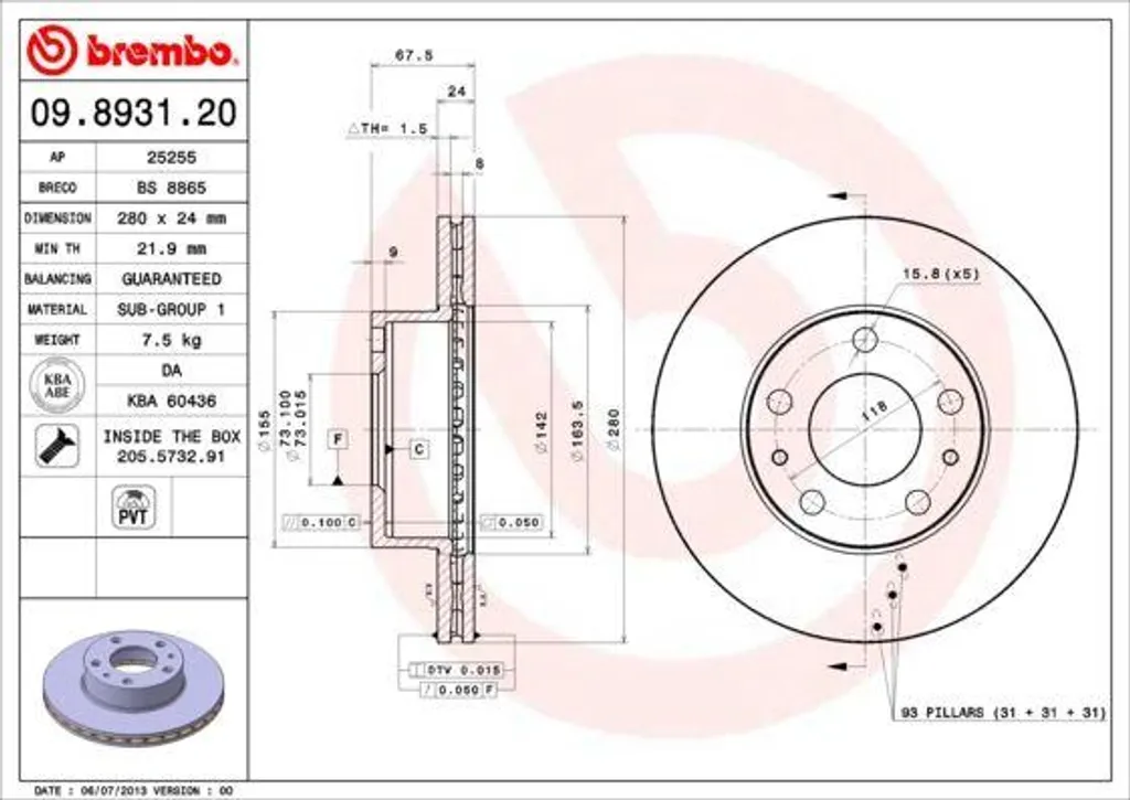 Brembo 09.8931.21 Disque de Frein Haute Performance avec Traitement OE