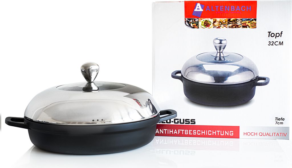 Altenbach Kochtopf Alu-Guss mit 3-facher TEFLON-Antihaftbeschichtung, 32 cm, Für alle Herdarten, Dampfauslass-Glasdeckel, Spülmaschinengeeignet A...