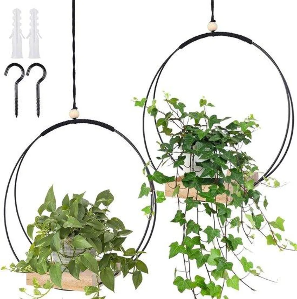 Jardinière suspendue en bois naturel 93 cm avec anneau métal robuste