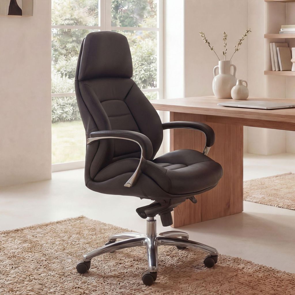 FineBuy Designer Bürostuhl Schwarz Bezug Echtleder Produktbild 