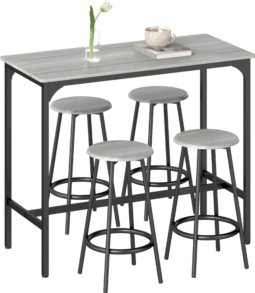Ensemble table de bar avec 4 tabourets 110x50 cm gris design moderne