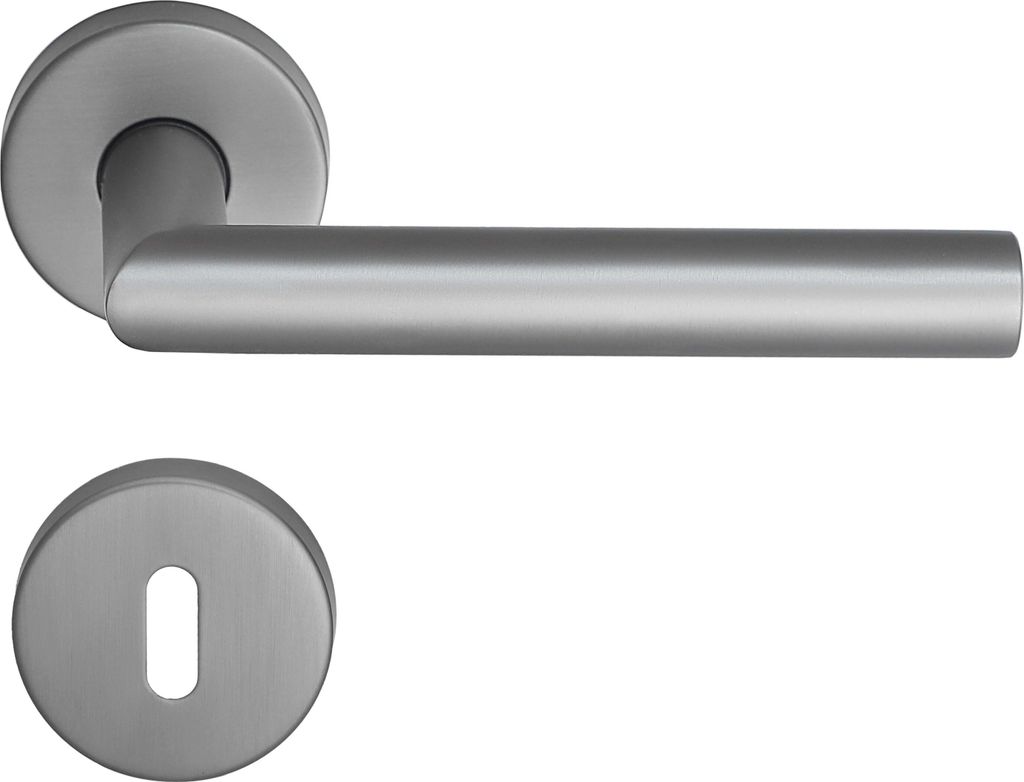 A door handle and a keyhole escutcheon plate, both made of brushed metal, are shown against a white background.