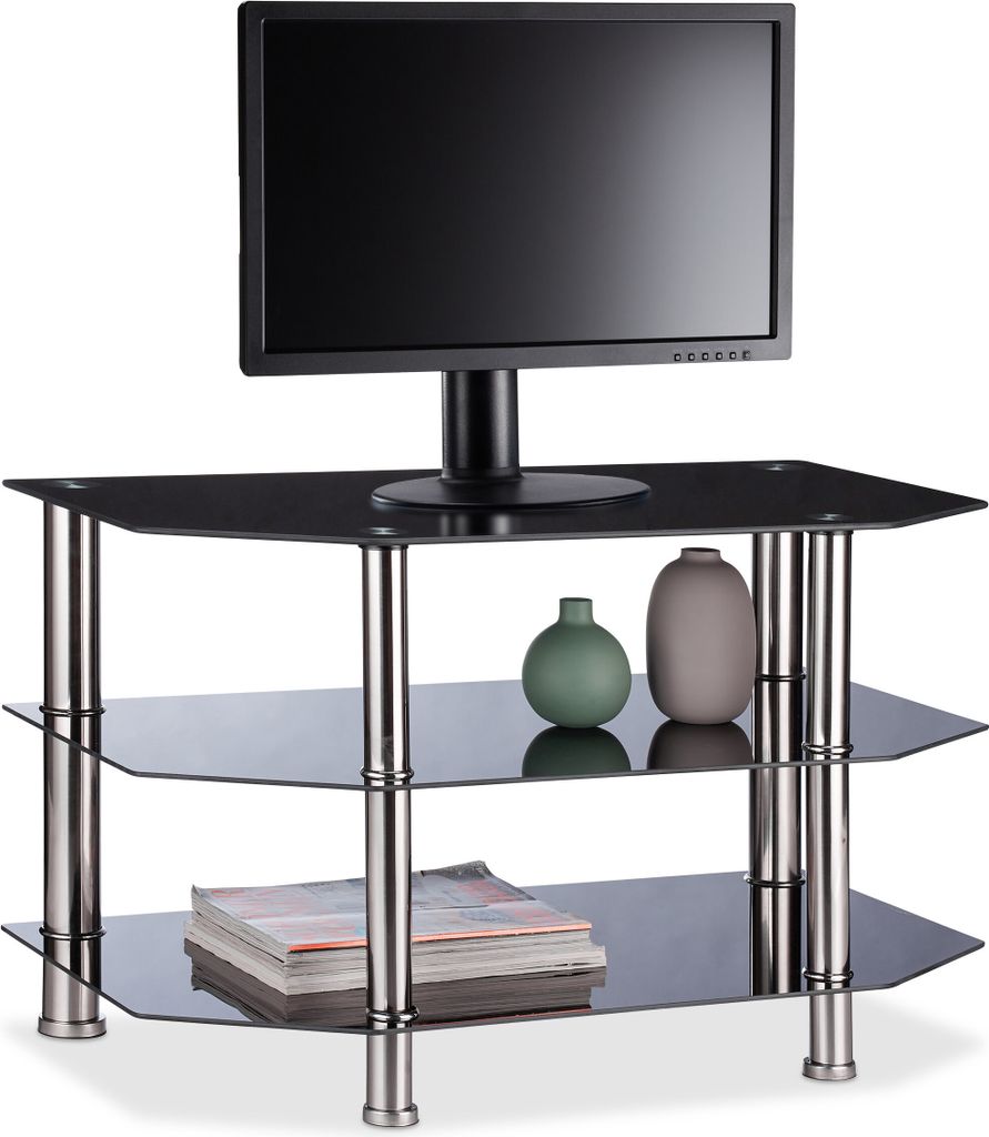 Tavolino TV Relaxdays in vetro nero, 3 ripiani in vetro Immagine del prodotto 
