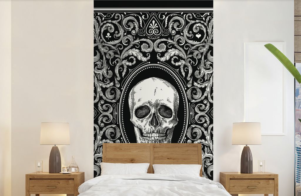 MuchoWow Fototapete für Wohnzimmer oder Schlafzimmer Wandtapete Vinyl Motivtapete Eine Spielkartenillustration mit einem Totenkopf - 120x240 cm ...