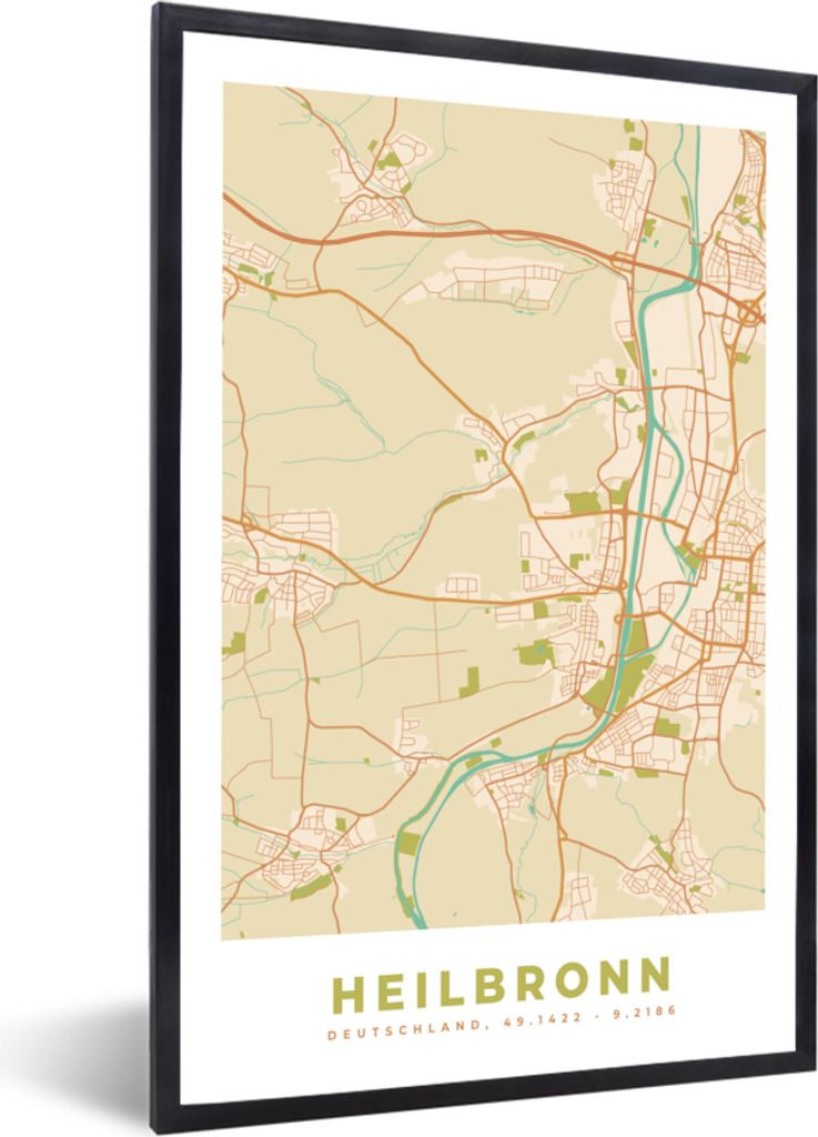 MuchoWow Gerahmtes Poster Heilbronn - Karte - Vintage - Stadtplan 40x60 cm - Poster mit Schwarzem Bilderrahmen Wandposter Rahmen Foto Bilder - Pa...