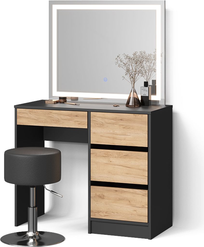 Schminktisch Livinity Imola Anthrazit/Goldkraft Eiche mit LED-Spiegel und Hocker, Model 53107
