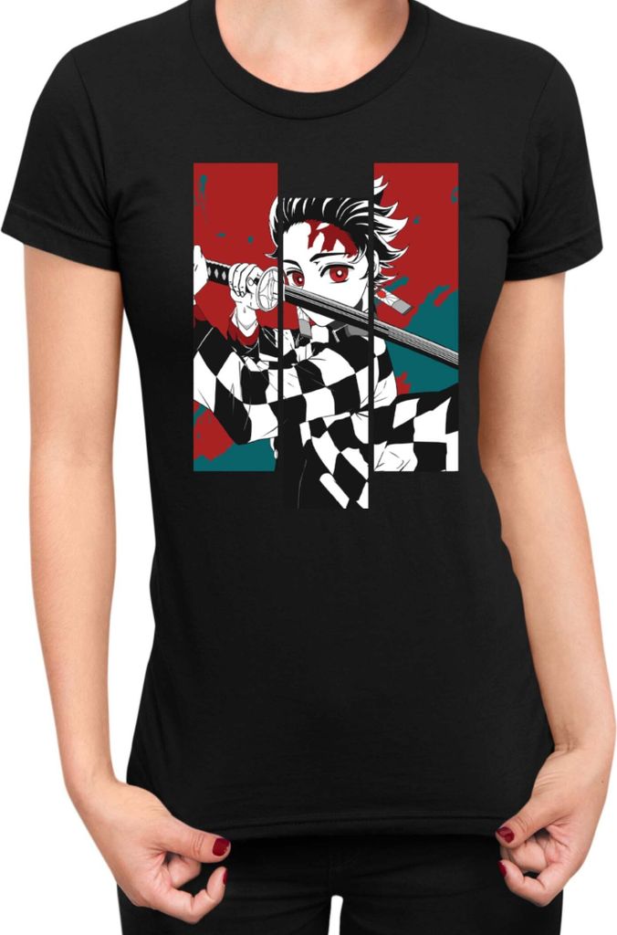 Damen T-Shirt Demon Anime Slayer Kimetsu No Yaiba Tanjiro Kamado 011, Lady S / Schwarz