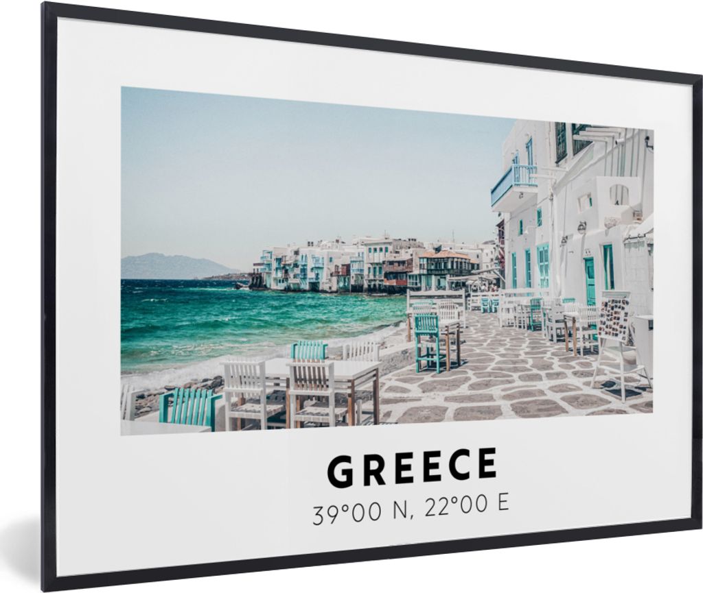 MuchoWow Gerahmtes Poster Griechenland - Blau - Meer - Stühle 30x20 cm - Poster mit Schwarzem Bilderrahmen Wandposter Rahmen Foto Bilder - Kunst...