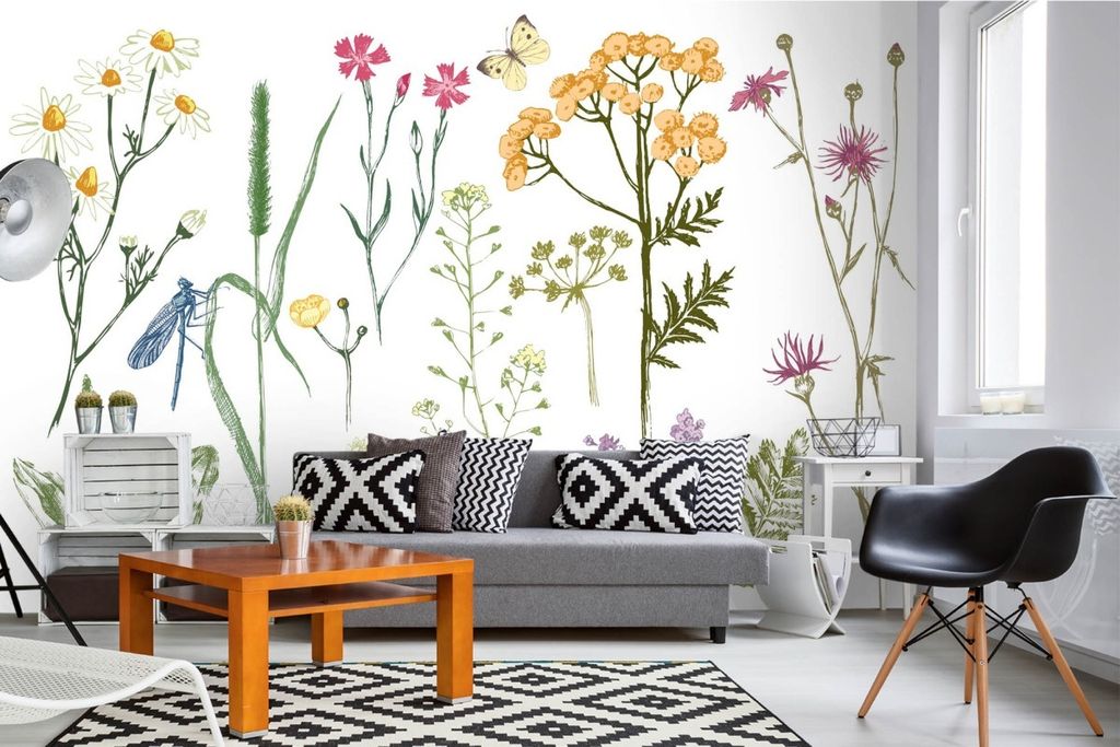 Vlies Fototapete HANDGEZEICHNETE WIESENBLUMEN 375 x 250 cm (inkl. Kleister) - Vlies Tapete, Wandtapete, Wandbilder - Tapete für Wohnzimmer Schlafz...