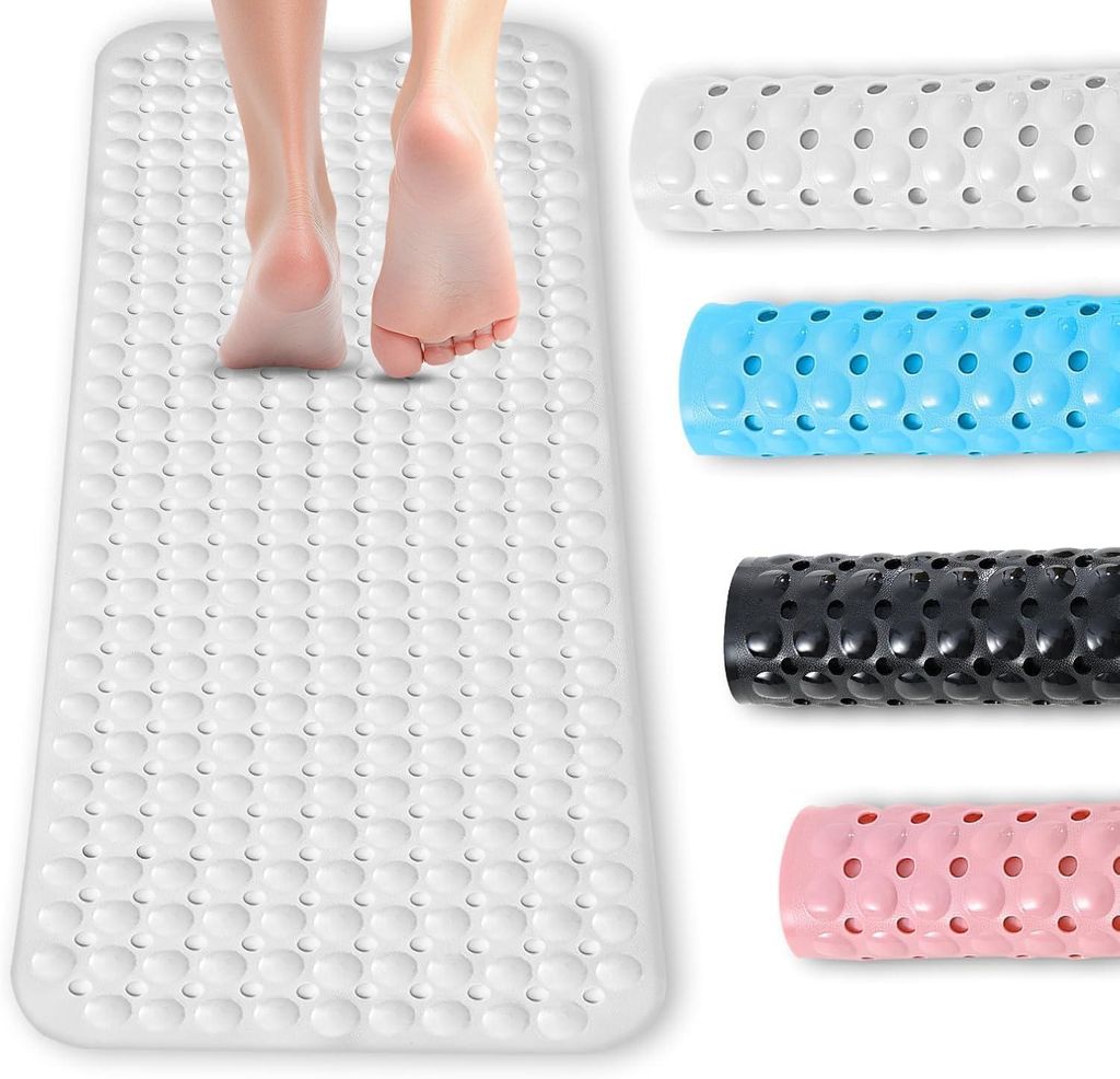 Badematte 100 x 40 cm mit 300 PVC-/Gummisaugnäpfen, maschinenwaschbar – Weiß