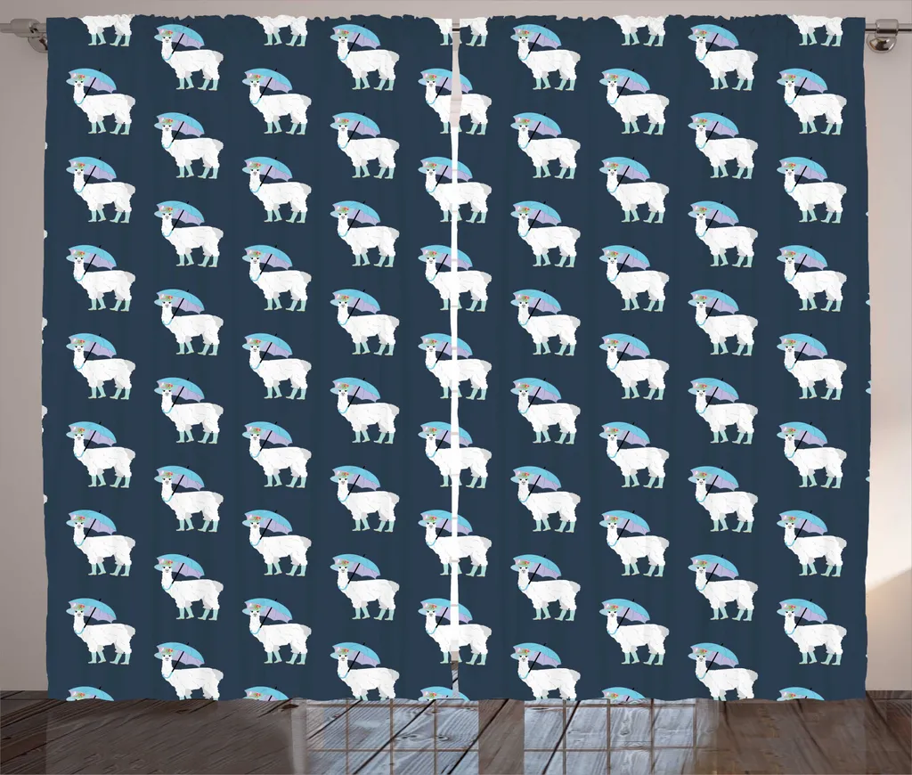 Rideau ABAKUHAUS Motif Lama sous Parapluie 280x225 cm Bleu Ardoise