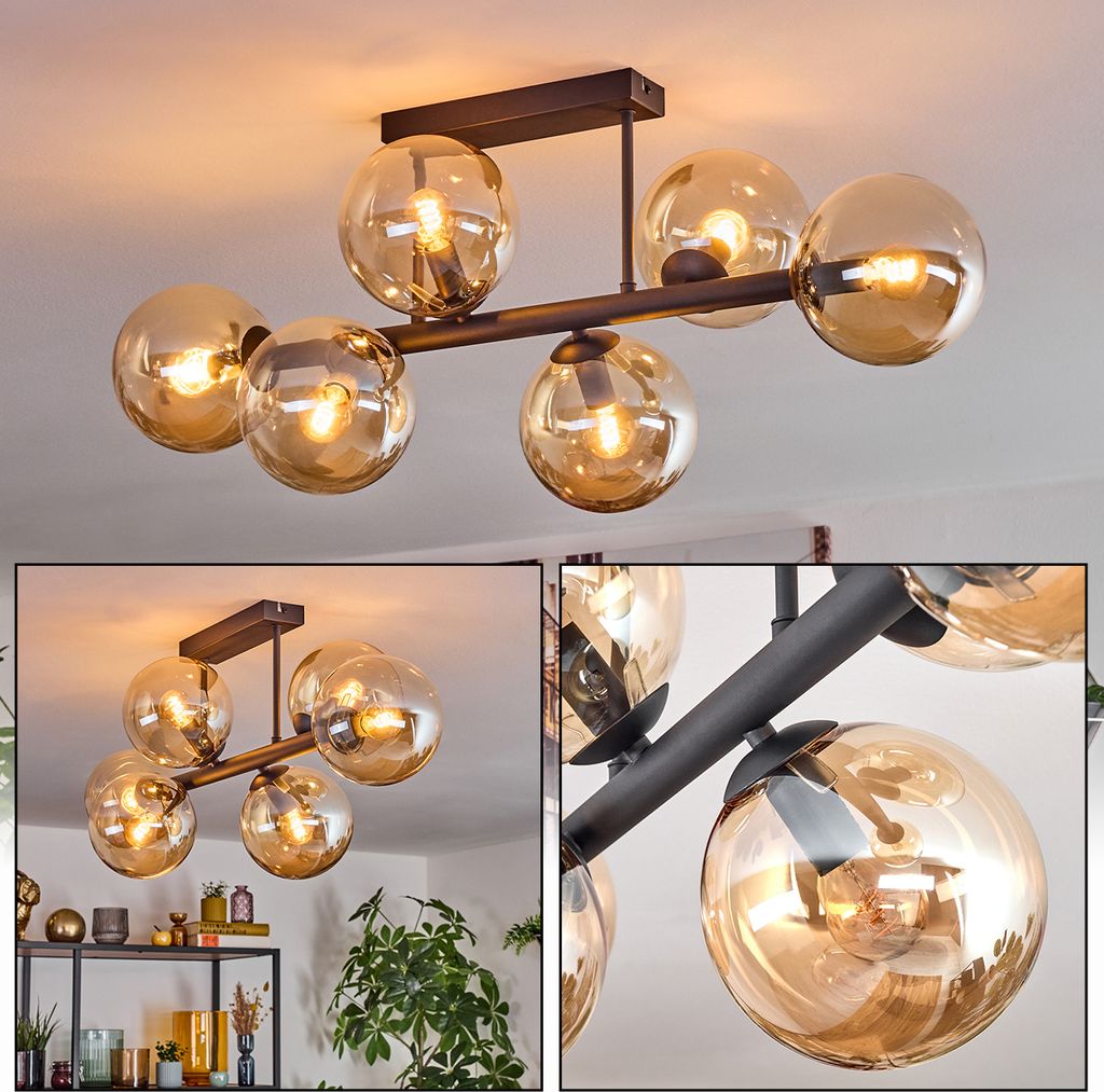 Fossobiubo 6-flammige Deckenlampe aus Metall/Glas in Schwarz/Rauch/Bernstein