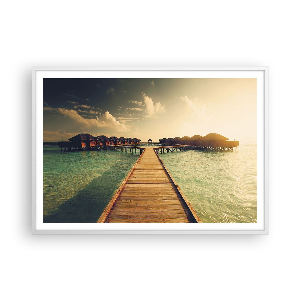 Gerahmtes Poster - Weißer Rahmen - Malediven Ferienhäuser Wasser - 100x70 cm - Wand Bild - Wanddeko - Wandbilder - Kunstposter - Wandposter - Bil...