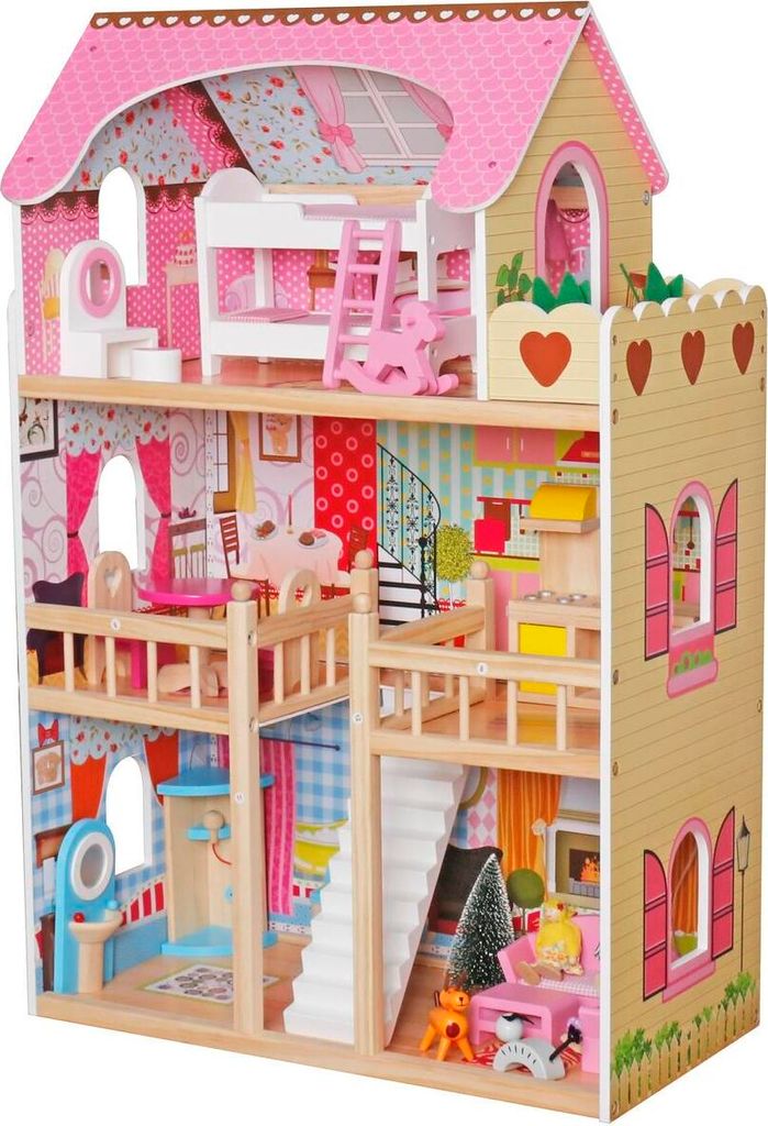 A multi-story wooden dollhouse with pink accents and various miniature furniture and accessories.