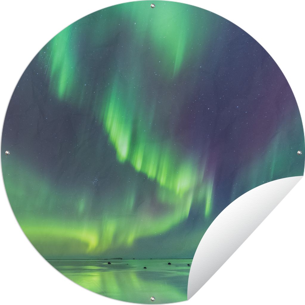 MuchoWow Gartenposter Outdoor-Poster Rund Nordlichter - Sternenhimmel - Wasser Ø 150 cm Gartendeko Rundes Poster draußen