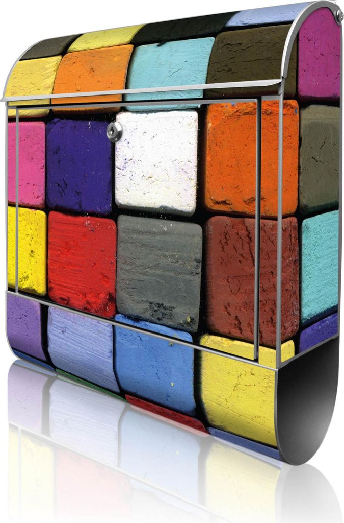 banjado Design Briefkasten Stahl silber mit Zeitungsfach pulverbeschichtet "Bunte Kreide" 38x46x12,5cm & 2 Schlüssel - Postkasten A4 Einwurf inkl....
