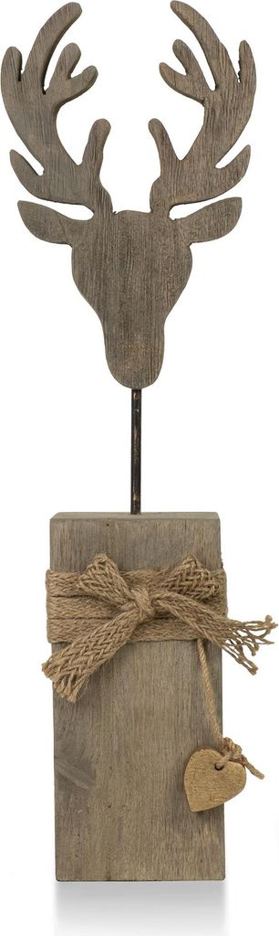 Dekofigur Hirschkopf auf Holzsockel 50 cm aus Mangoholz handgefertigte Holzfigur mit Juteschleife für Winter Weihnachtsdekoration oder ganzjährig