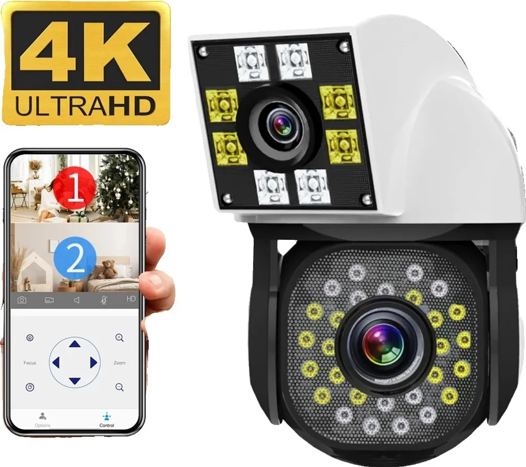 Telecamera smart home PTZ WiFi, risoluzione HD 1080P, doppio obiettivo con visione notturna, 2MP, spina UE