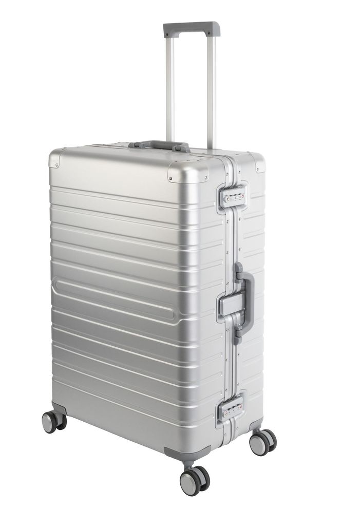 A silver aluminum trolley suitcase with a retractable handle and four wheels, shown against a white background.