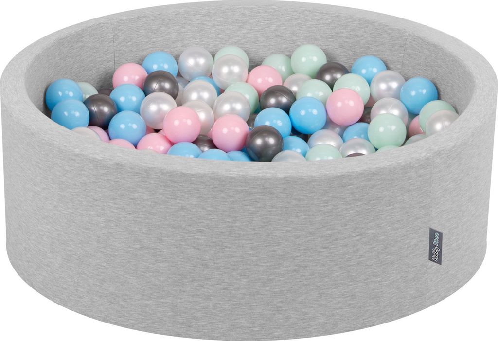 KiddyMoon Bällebad 90x30cm Hellgrau 200 Bälle ∅7cm Rund Bällepool Mit Bunten Bällen Für Babys Und Kinder