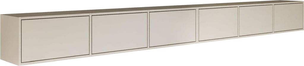 A long, wall-mounted TV board with six cabinet doors.