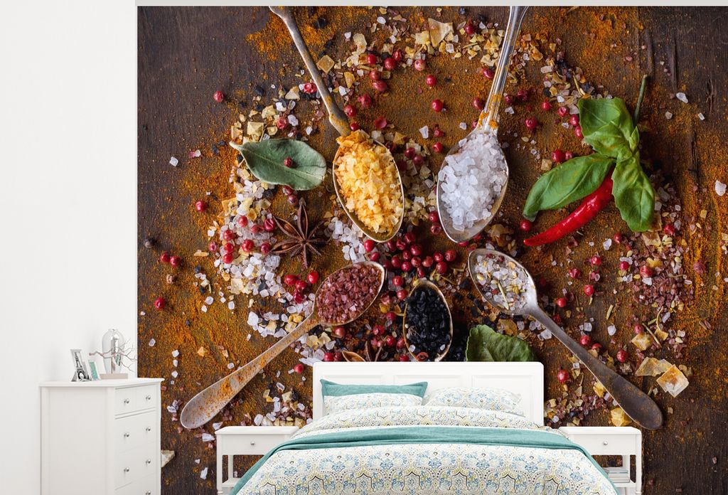 MuchoWow Fototapete für Wohnzimmer oder Schlafzimmer Wandtapete Vinyl Motivtapete Gewürze - Kräuter - Löffel - Salz - Braun - Küche - 275x22...